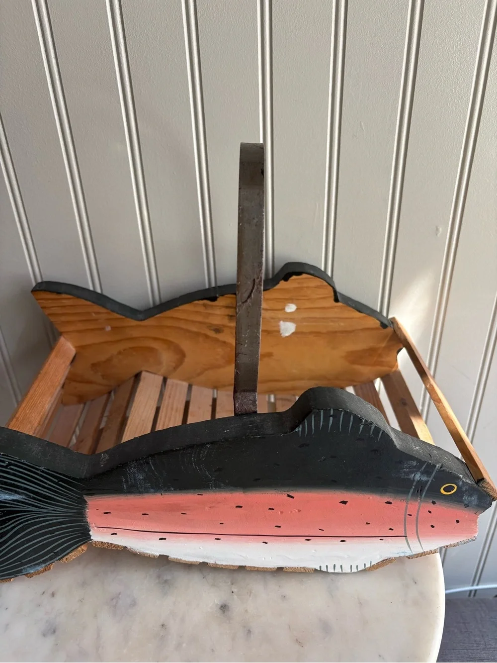 Vintage Handmade Trout Fish Wooden Basket Green & Brown VTG Cabincore Grandpa
